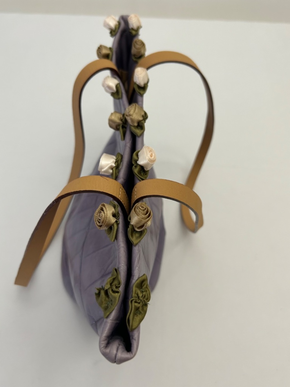Falor-Le Borse Lavender Italian Leather Crock Embossed Tote with Floral Rosettes - Picture 11 of 16